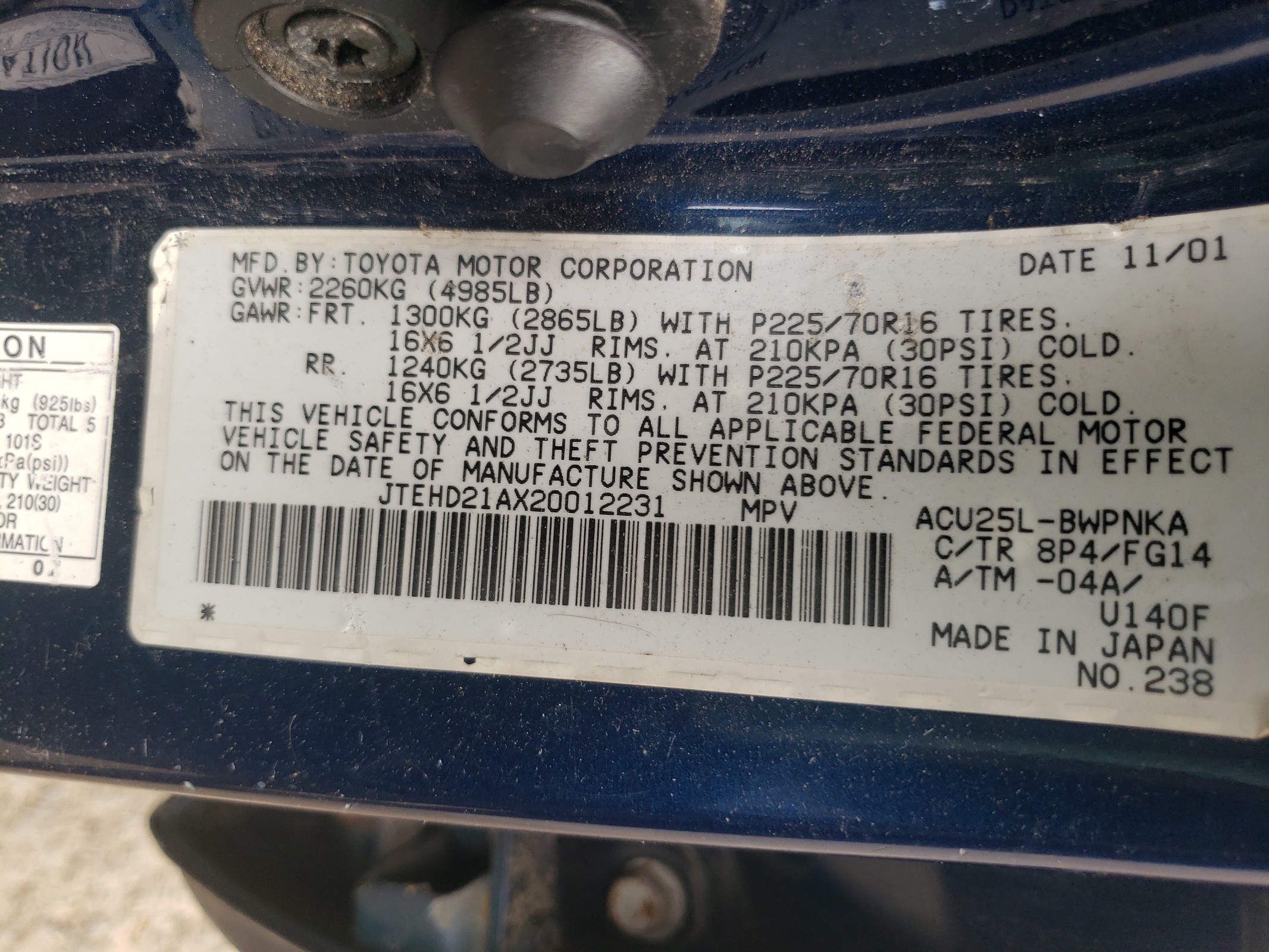 JTEHD21AX20012231 2002 Toyota Highlander