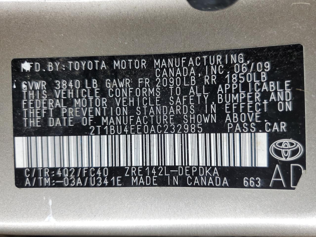 2T1BU4EE0AC232985 2010 Toyota Corolla Base