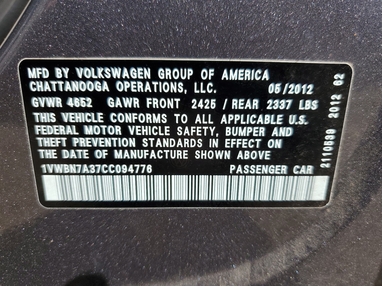 1VWBN7A37CC094776 2012 Volkswagen Passat Se