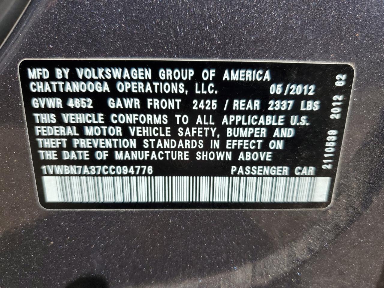 2012 Volkswagen Passat Se VIN: 1VWBN7A37CC094776 Lot: 64119364