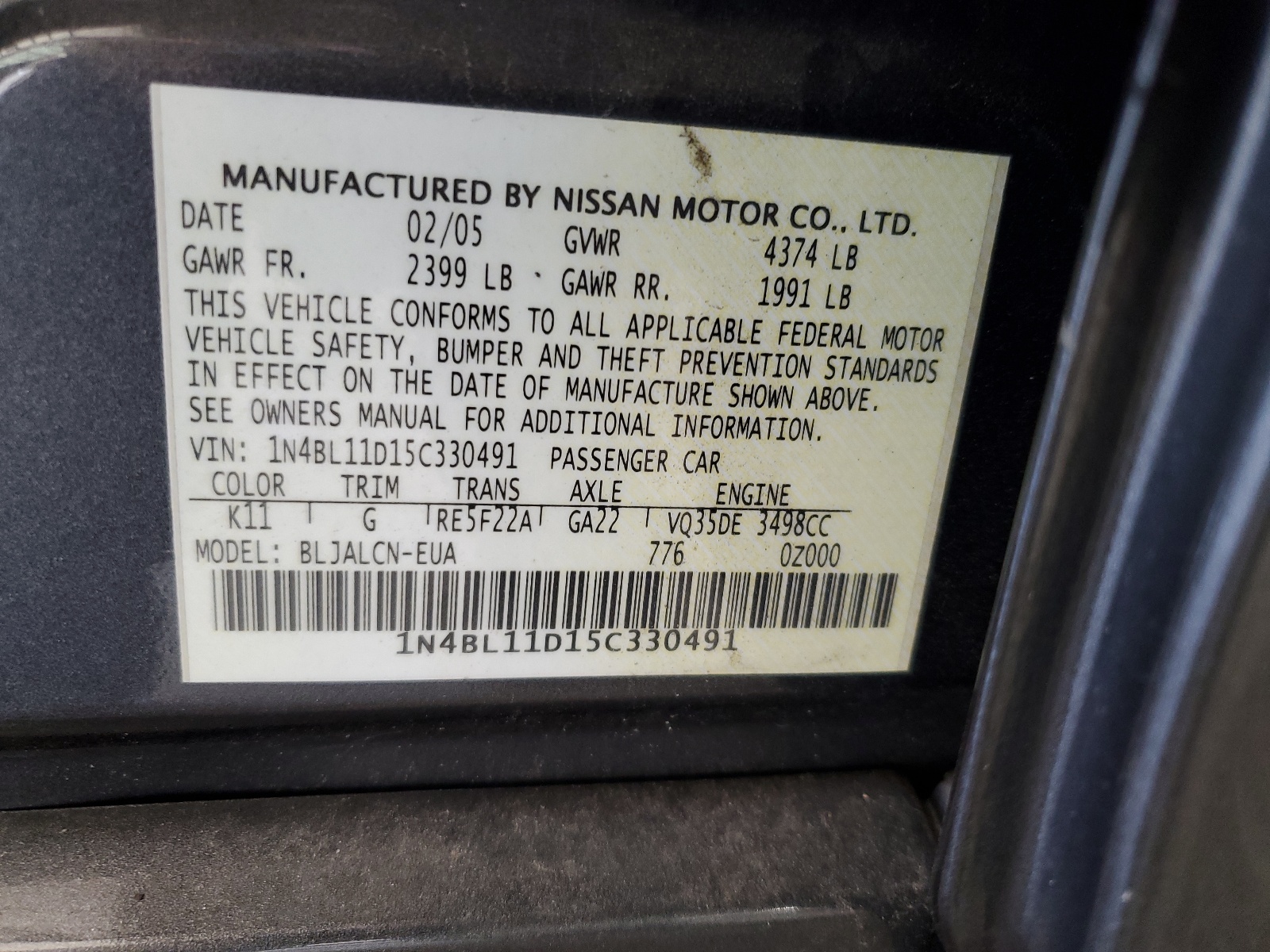 1N4BL11D15C330491 2005 Nissan Altima Se