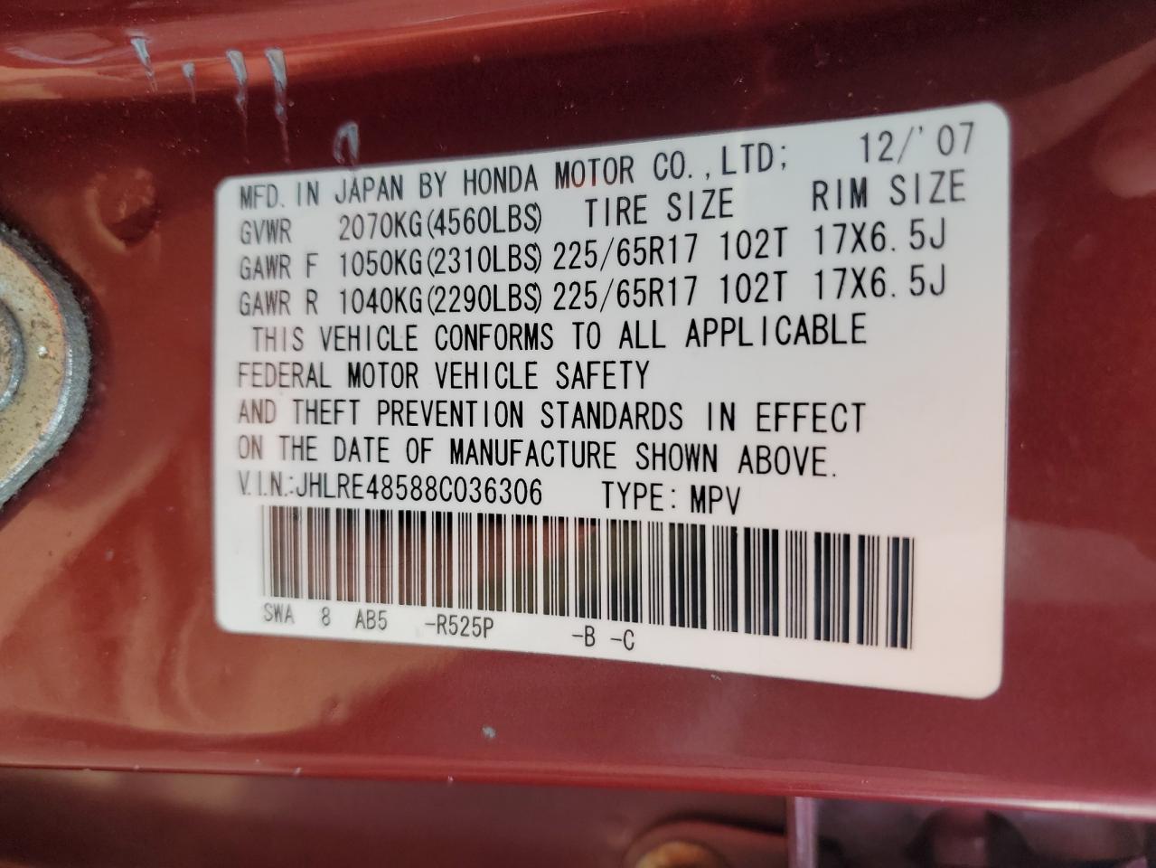 2008 Honda Cr-V Ex VIN: JHLRE48588C036306 Lot: 63168194