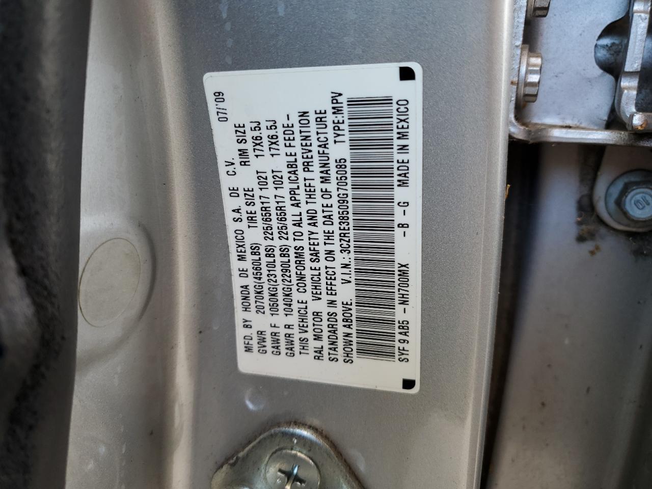 2009 Honda Cr-V Ex VIN: 3CZRE38509G705085 Lot: 62284554