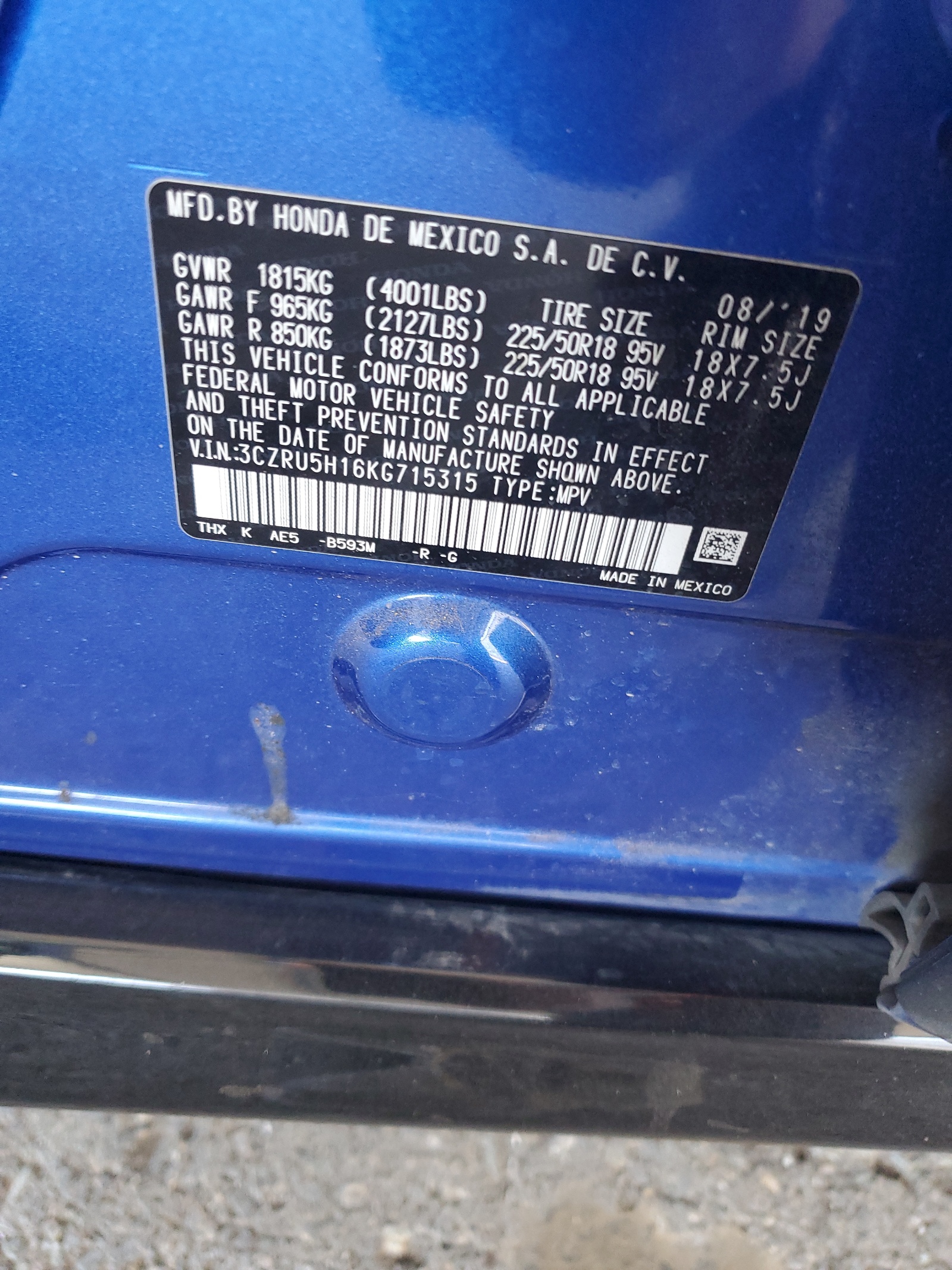 3CZRU5H16KG715315 2019 Honda Hr-V Sport