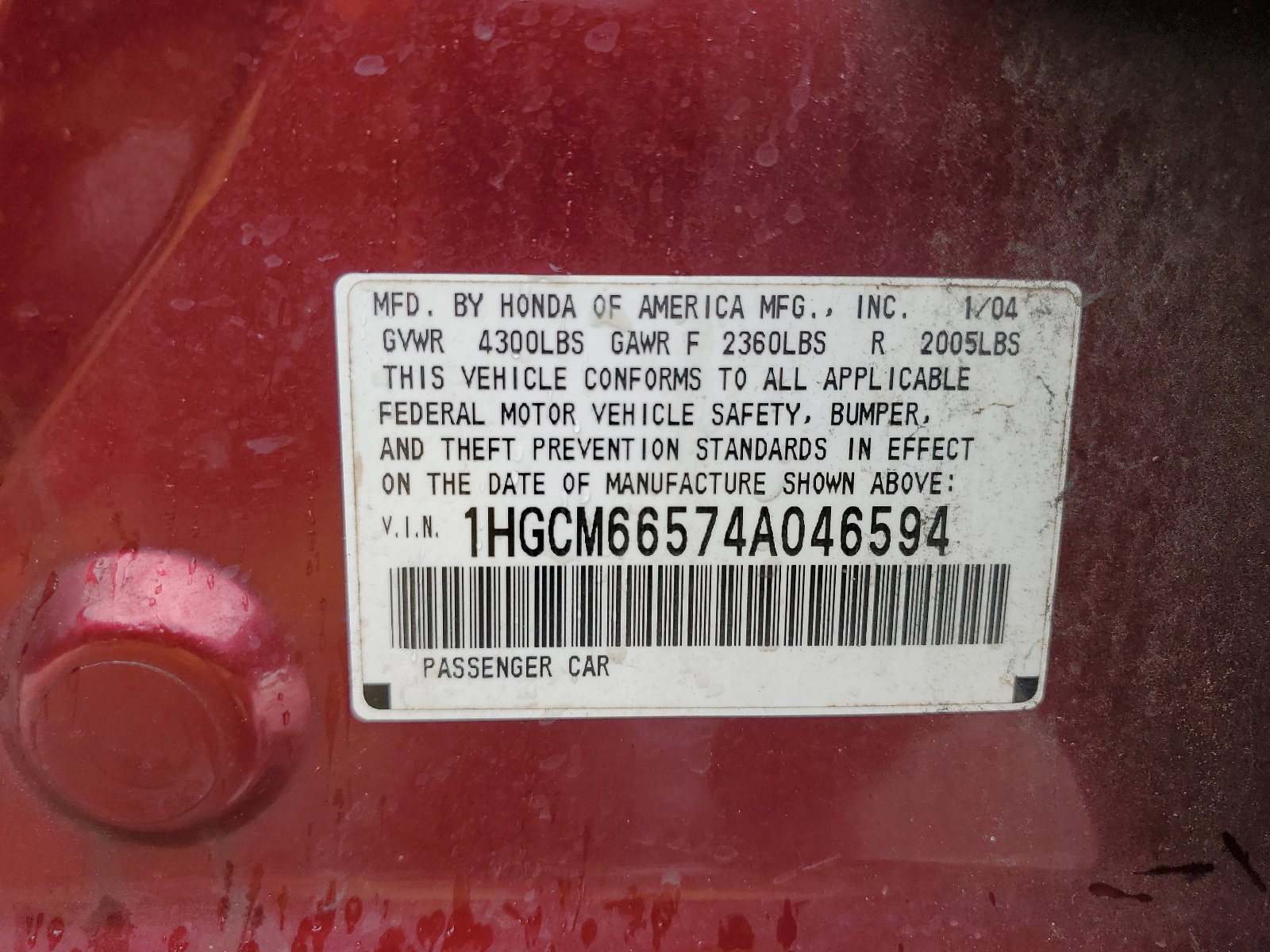 1HGCM66574A046594 2004 Honda Accord Ex