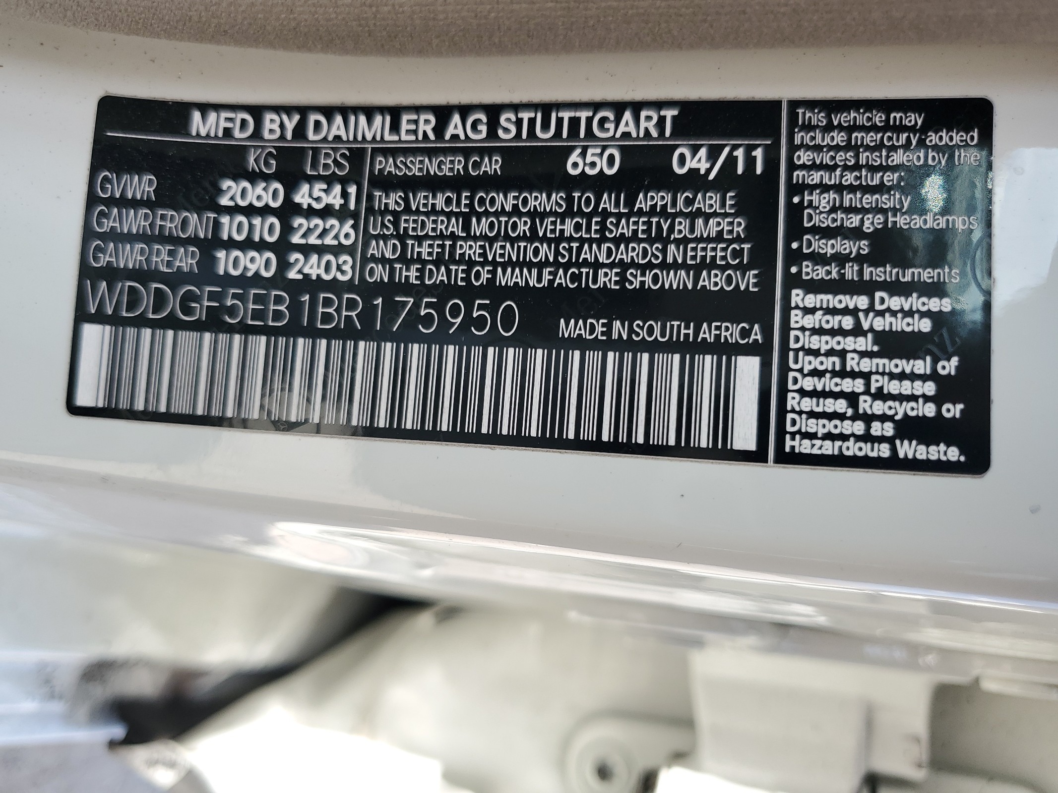 WDDGF5EB1BR175950 2011 Mercedes-Benz C 300