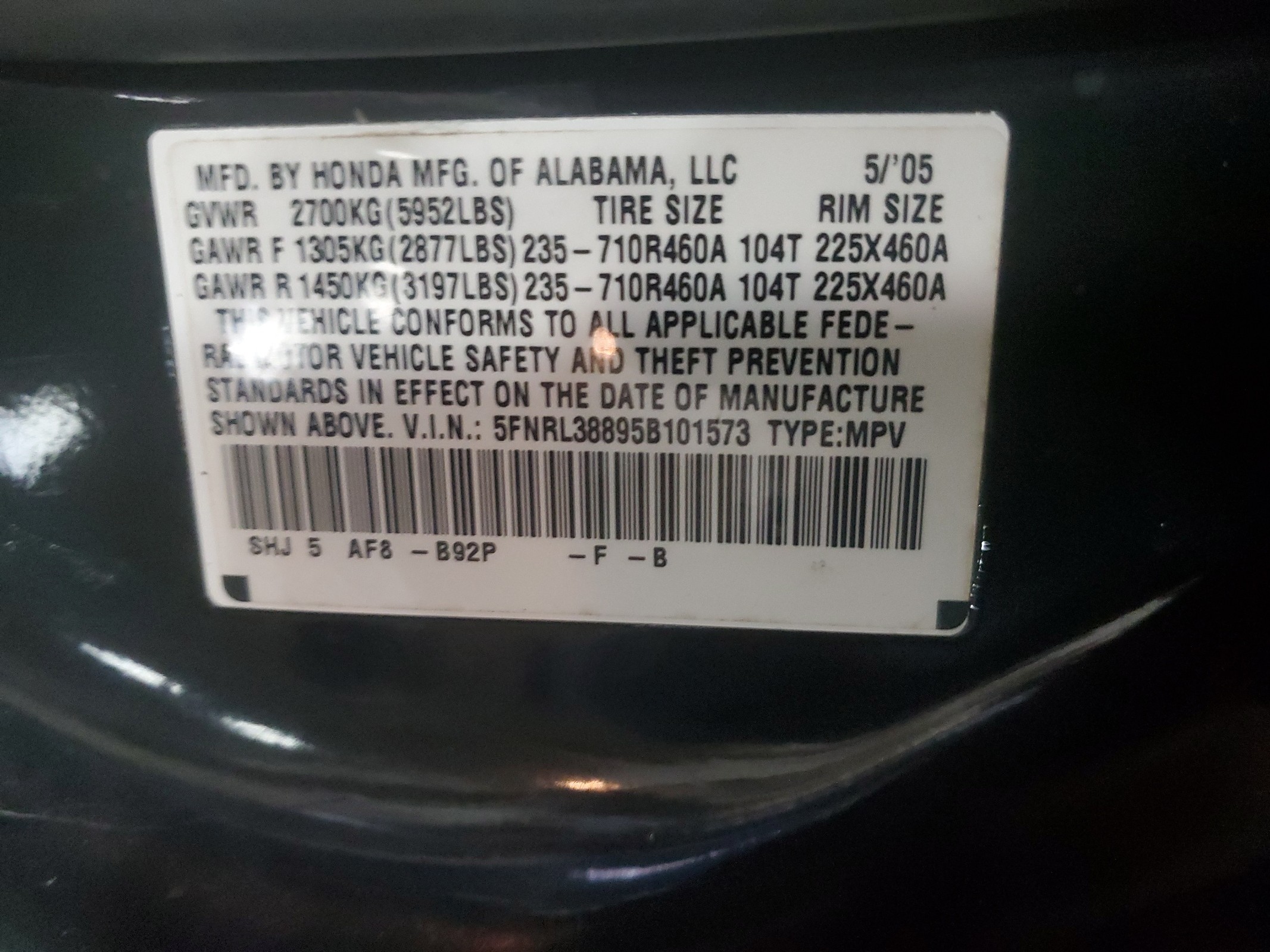 5FNRL38895B101573 2005 Honda Odyssey Touring