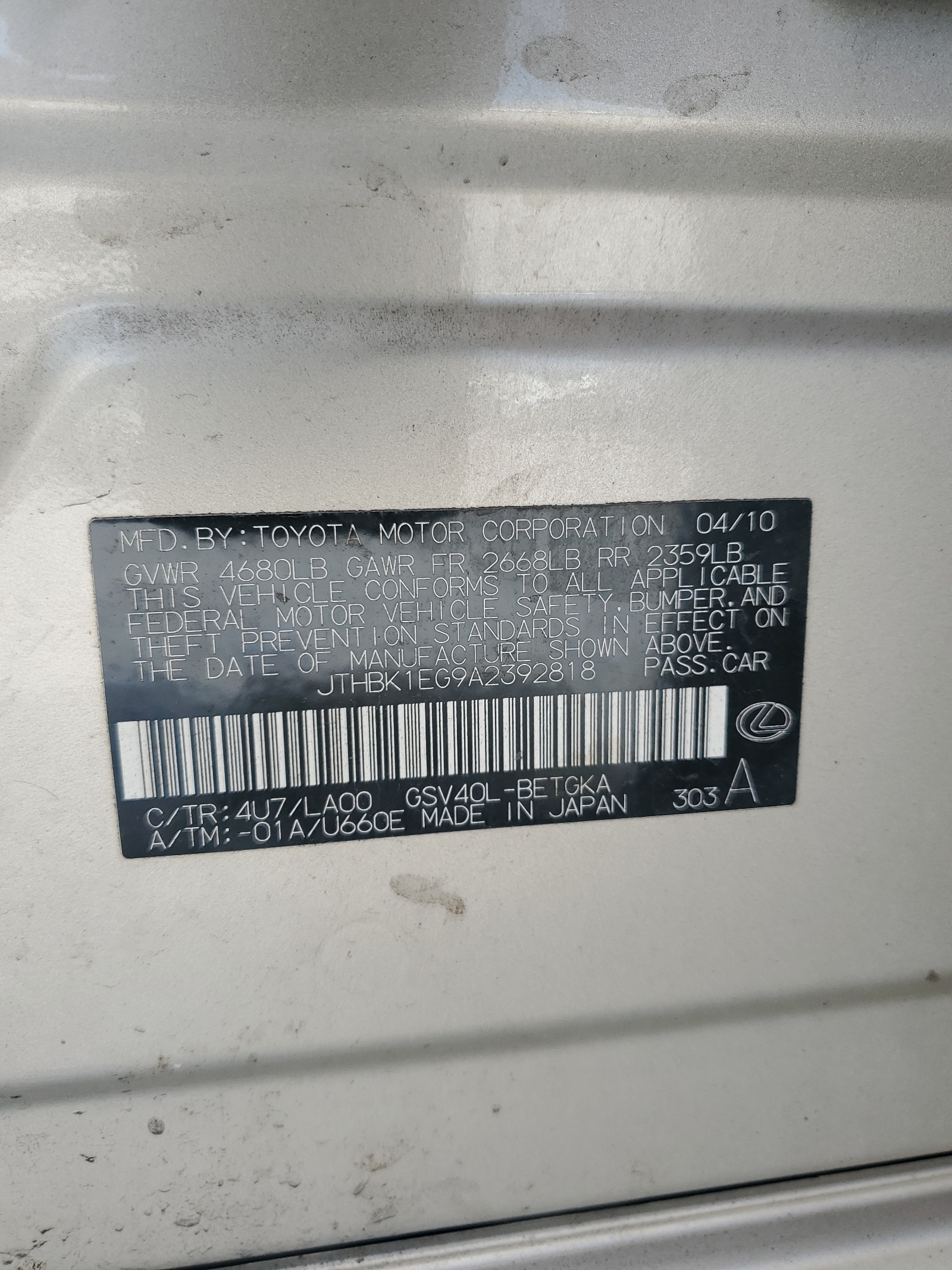 JTHBK1EG9A2392818 2010 Lexus Es 350