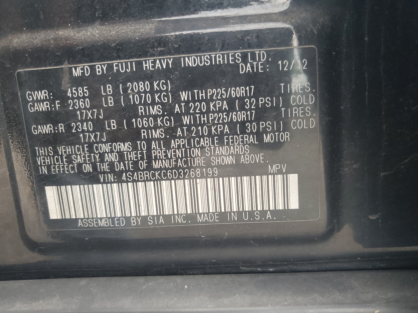 4S4BRCKC6D3268199 2013 Subaru Outback 2.5I Limited