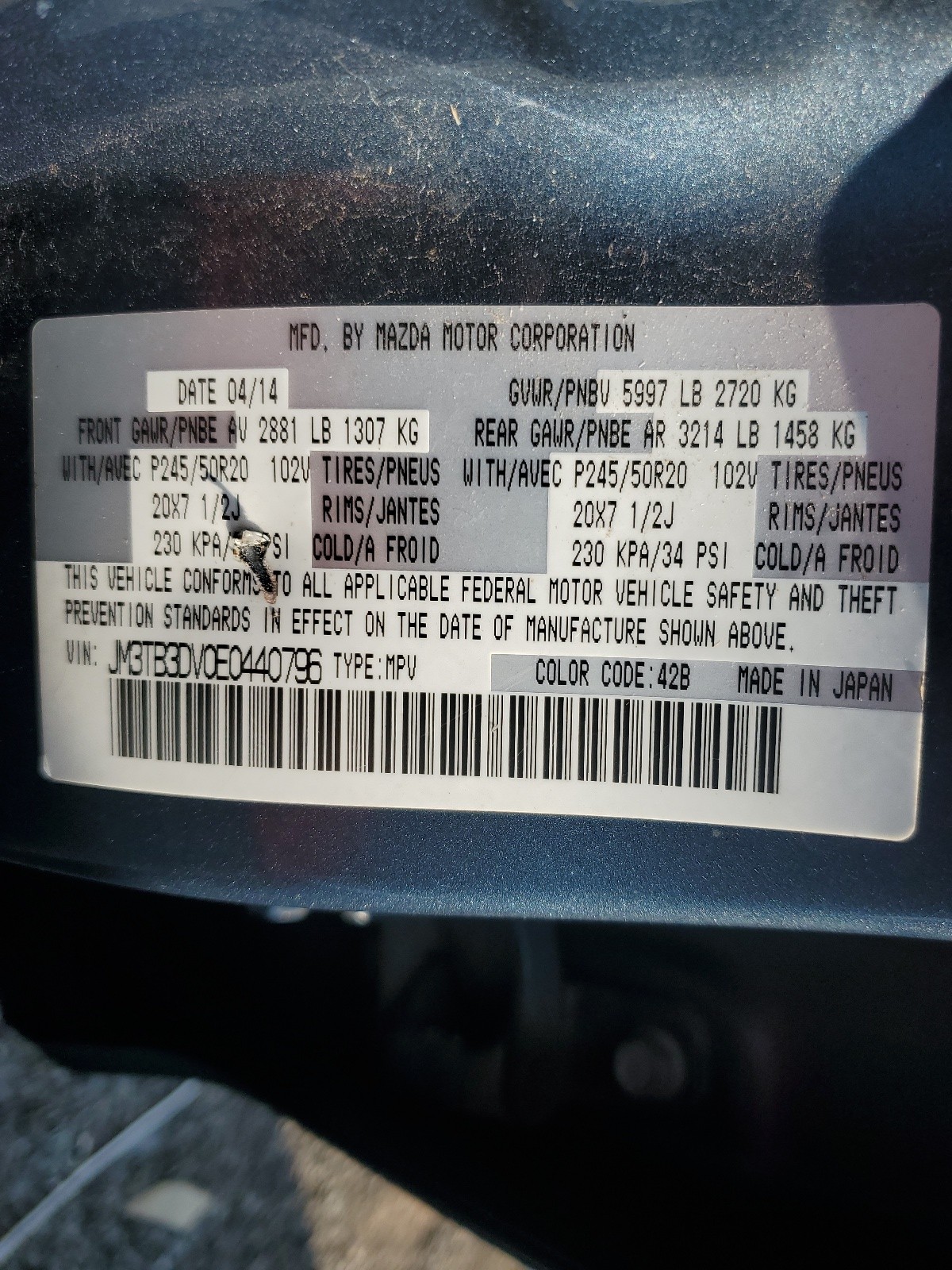 JM3TB3DV0E0440796 2014 Mazda Cx-9 Grand Touring