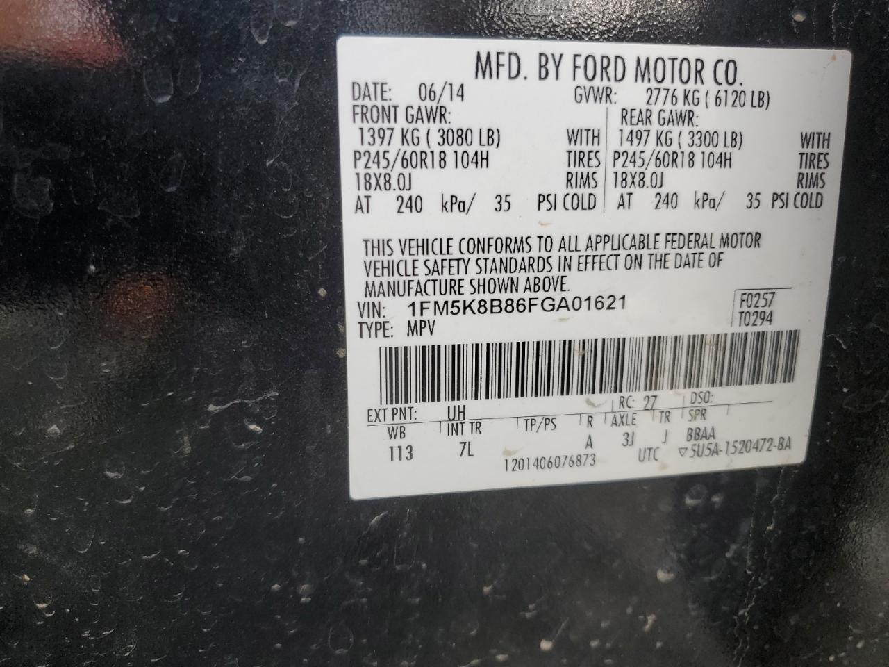 2015 Ford Explorer VIN: 1FM5K8B86FGA01621 Lot: 62115144