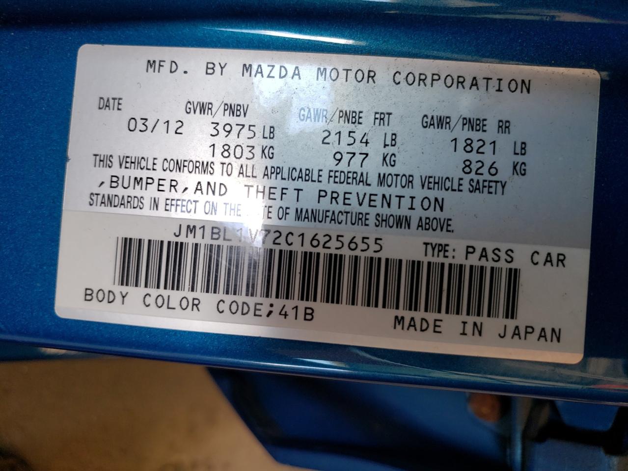 2012 Mazda 3 I VIN: JM1BL1V72C1625655 Lot: 63614974