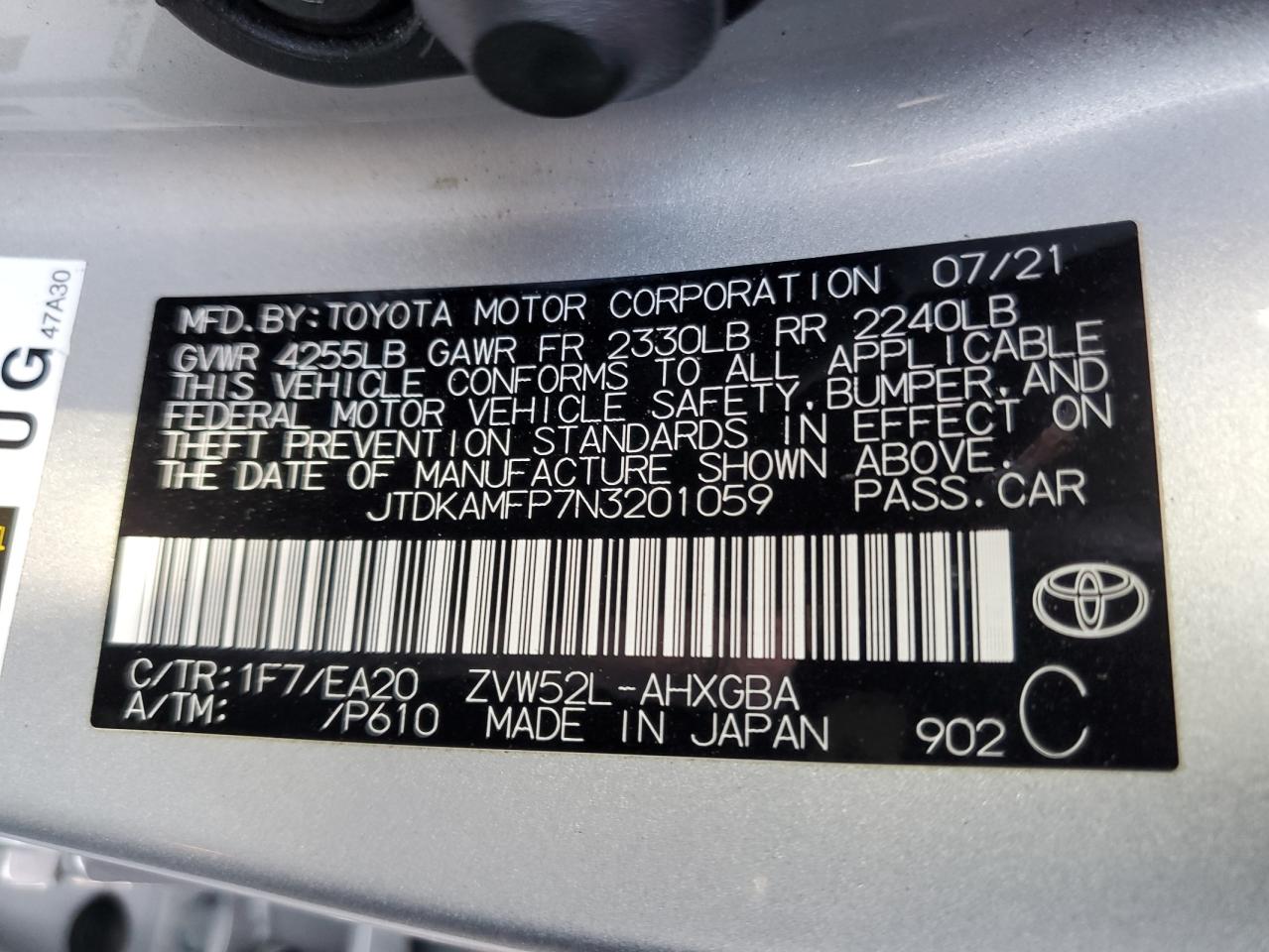 2022 Toyota Prius Prime Le VIN: JTDKAMFP7N3201059 Lot: 63715184