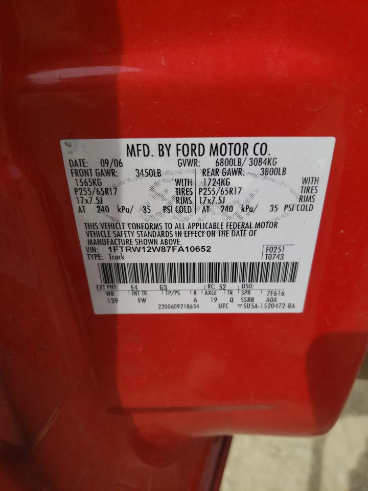 2007 Ford F150 Supercrew VIN: 1FTRW12W87FA10652 Lot: 62129794