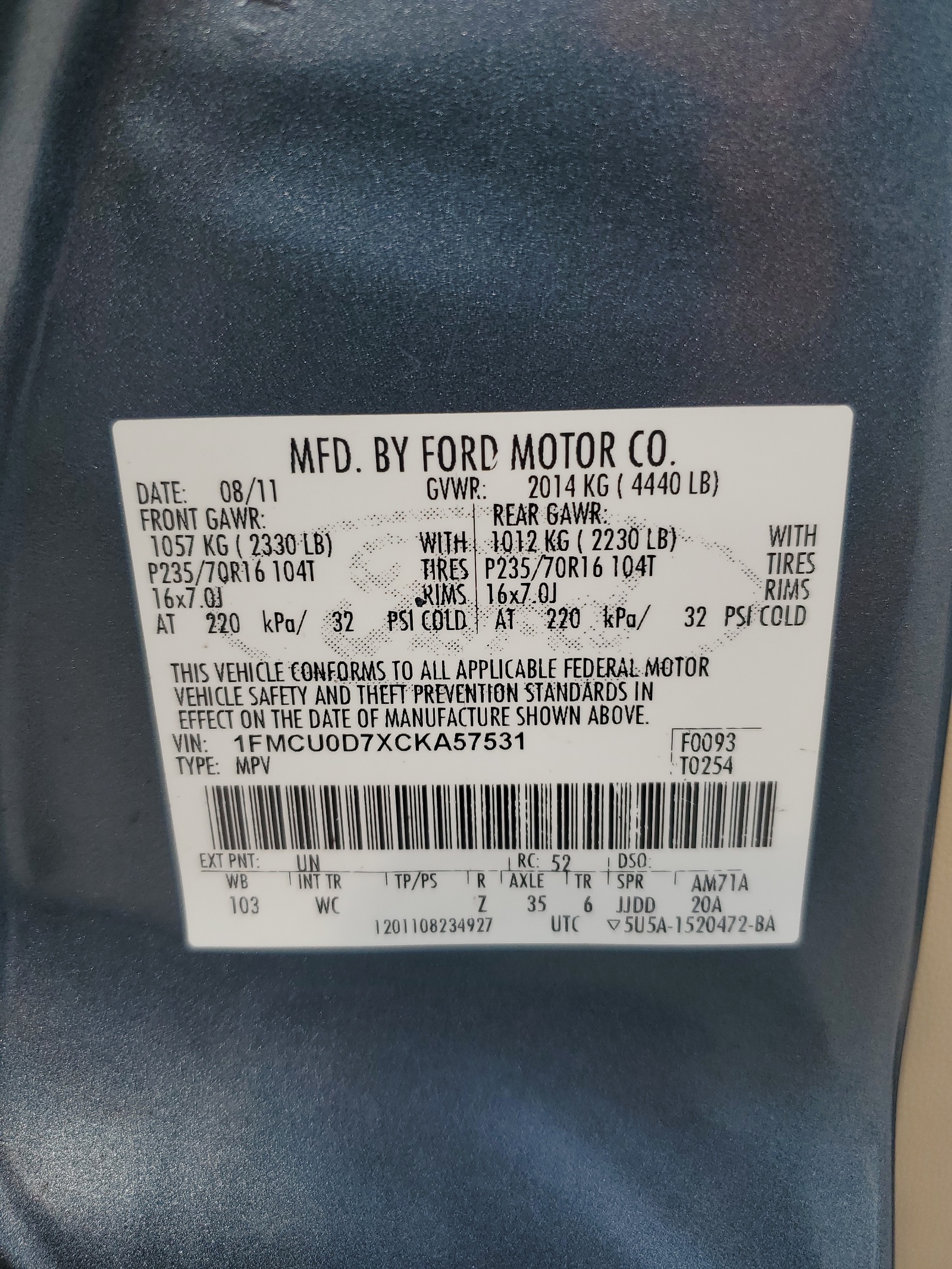 1FMCU0D7XCKA57531 2012 Ford Escape Xlt