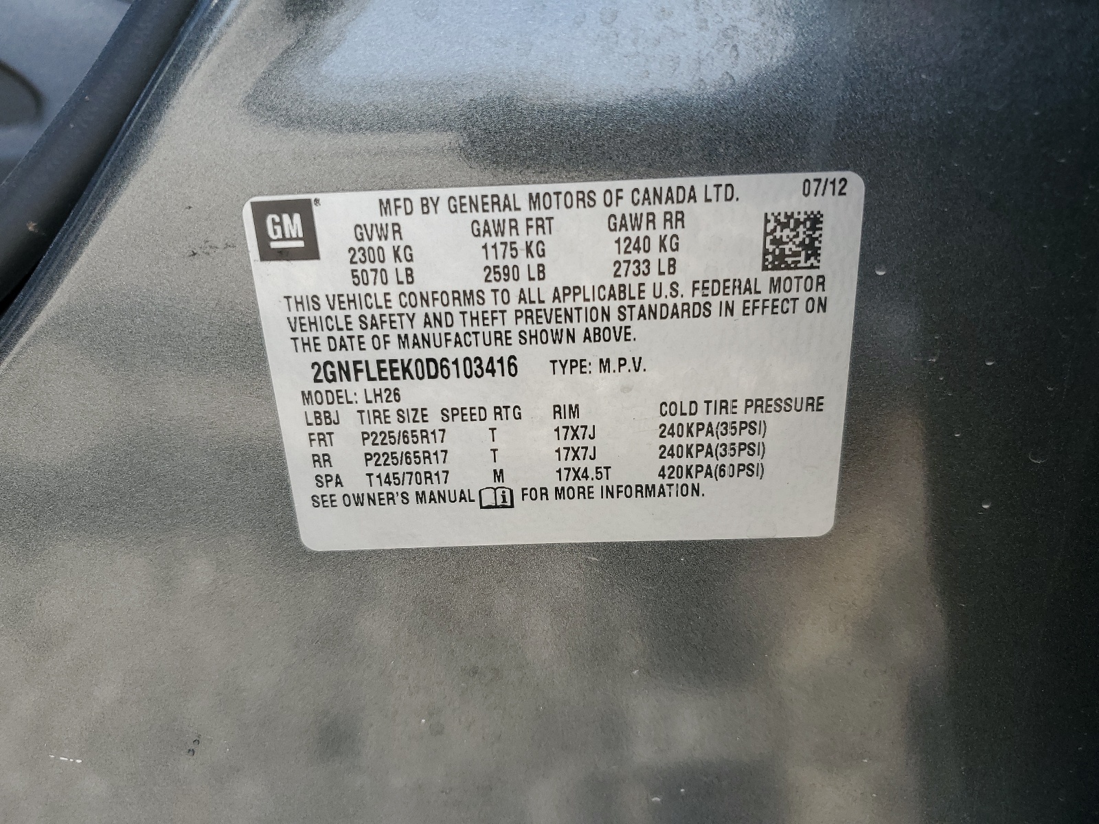 2GNFLEEK0D6103416 2013 Chevrolet Equinox Lt