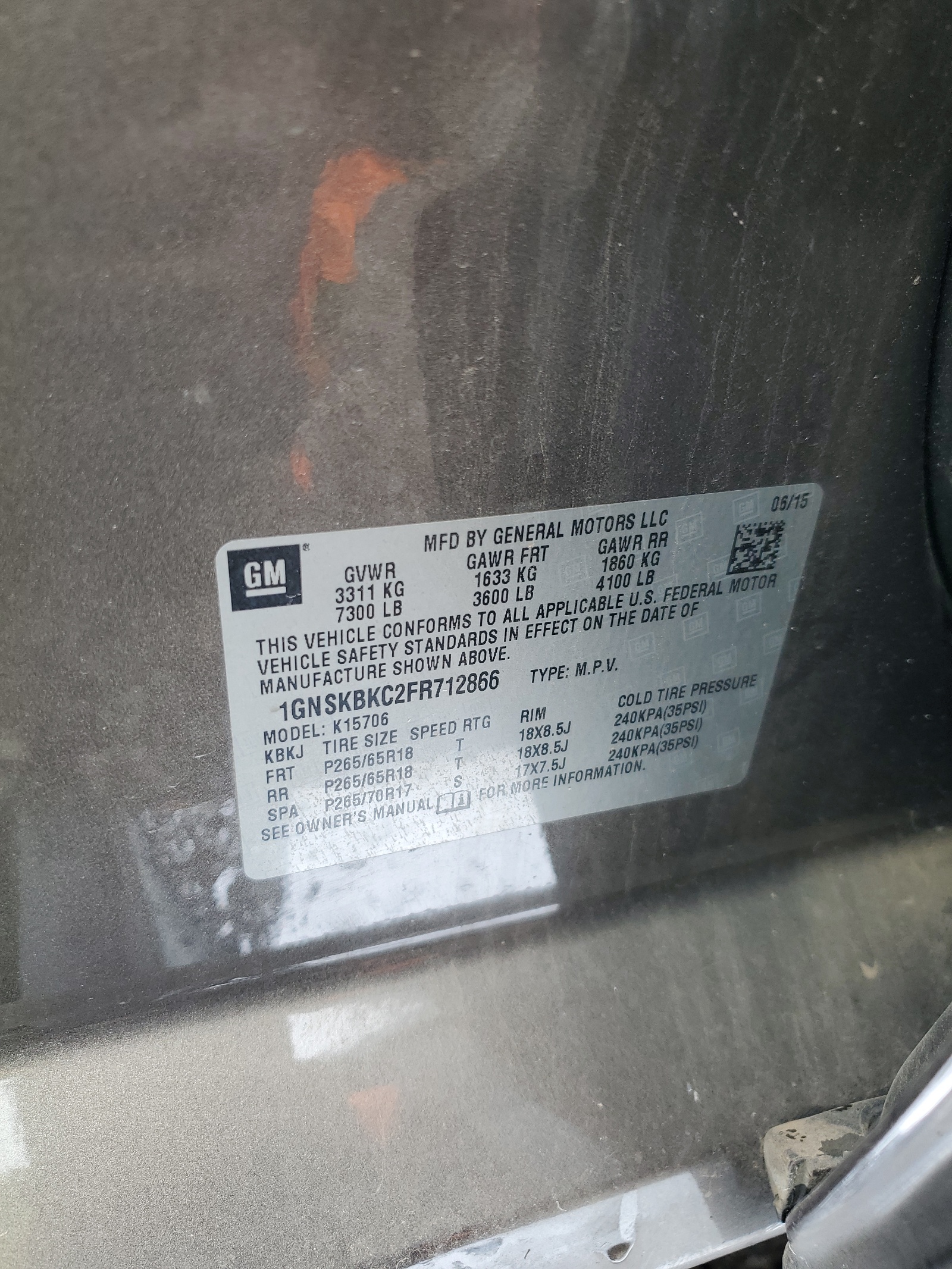 1GNSKBKC2FR712866 2015 Chevrolet Tahoe K1500 Lt