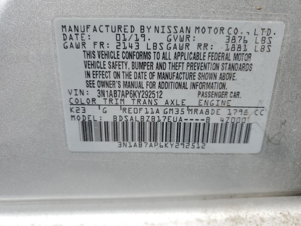 2019 Nissan Sentra S VIN: 3N1AB7AP6KY292512 Lot: 62961304