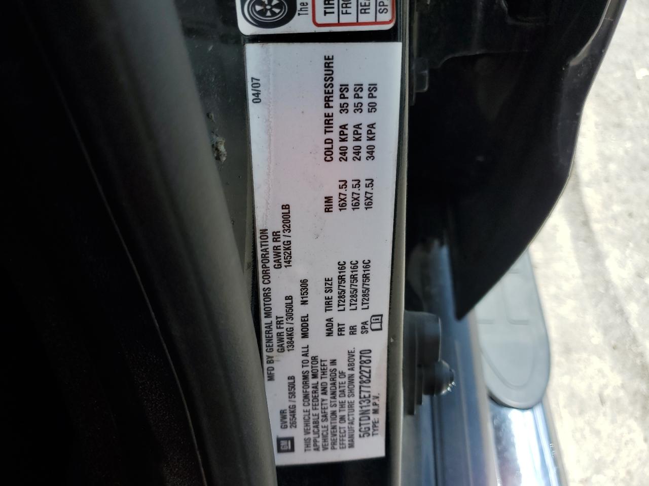 2007 Hummer H3 VIN: 5GTDN13E778227870 Lot: 63840164