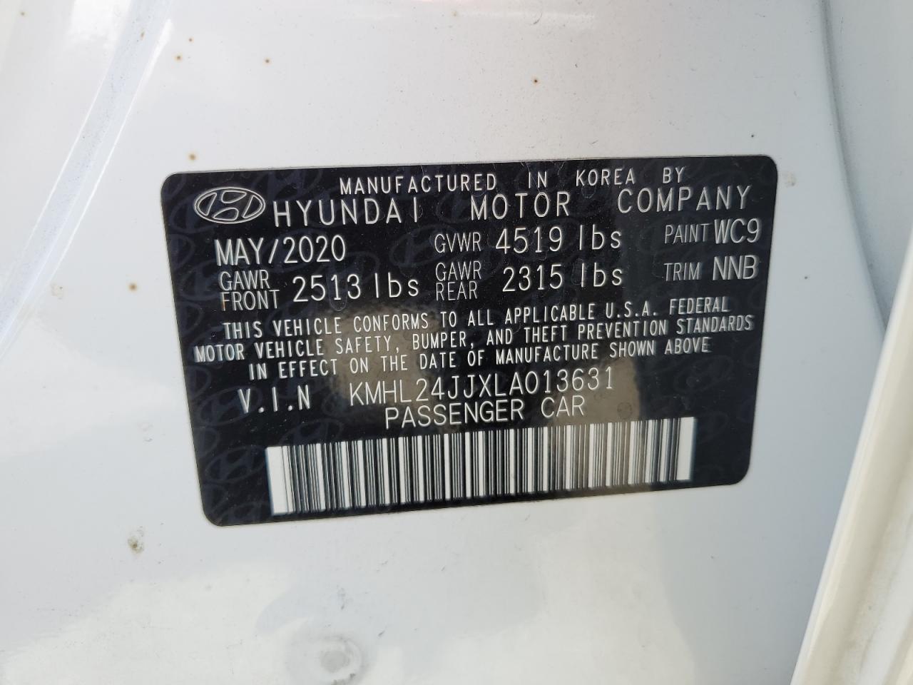 2020 Hyundai Sonata Hybrid VIN: KMHL24JJXLA013631 Lot: 63226994