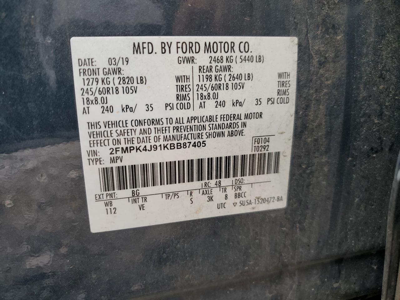 2019 Ford Edge Sel VIN: 2FMPK4J91KBB87405 Lot: 63417664