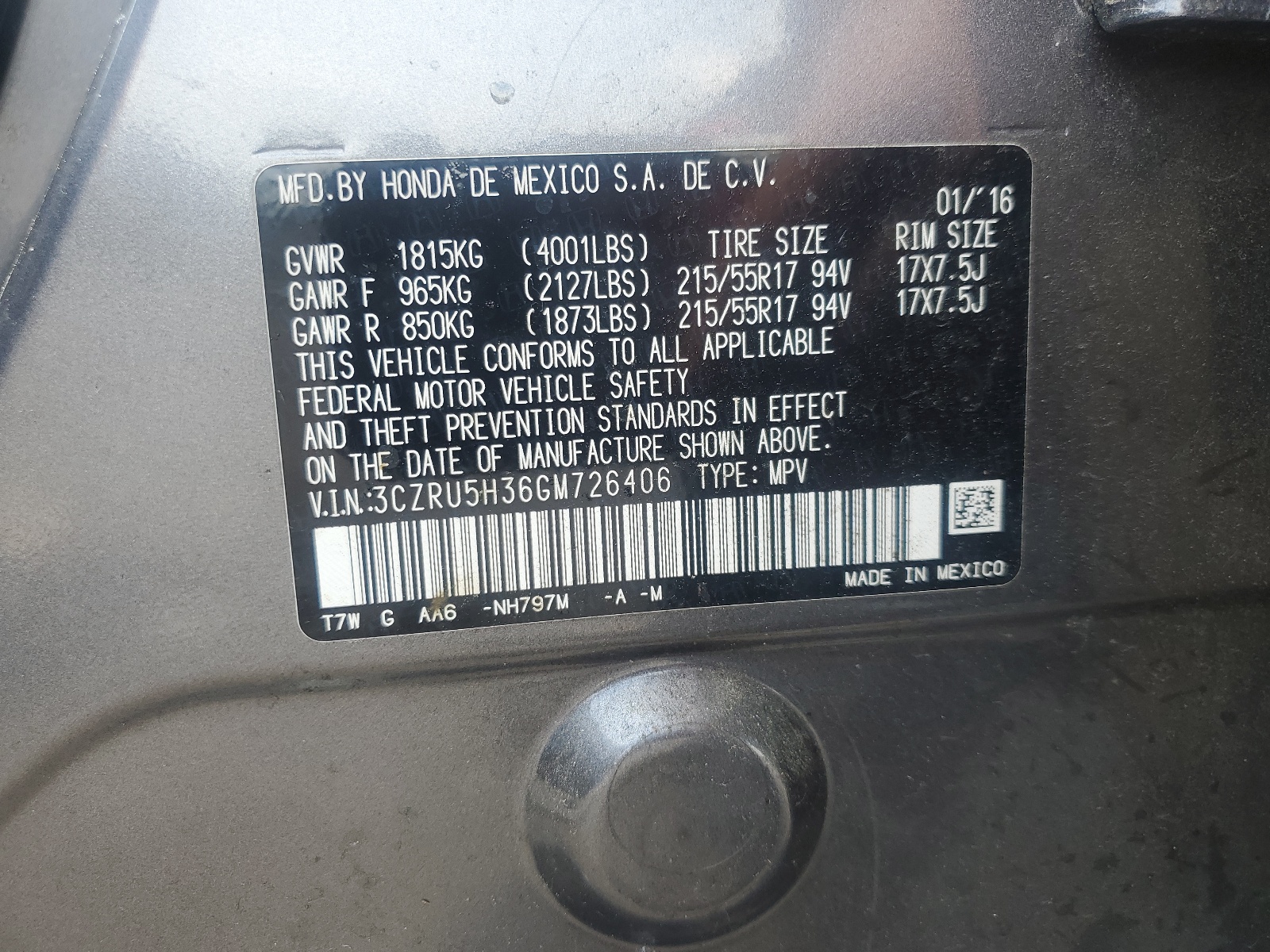 3CZRU5H36GM726406 2016 Honda Hr-V Lx