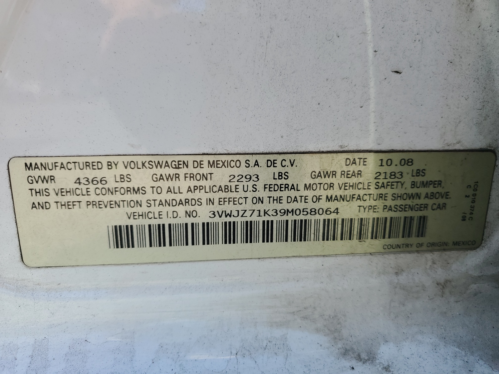 3VWJZ71K39M058064 2009 Volkswagen Jetta S