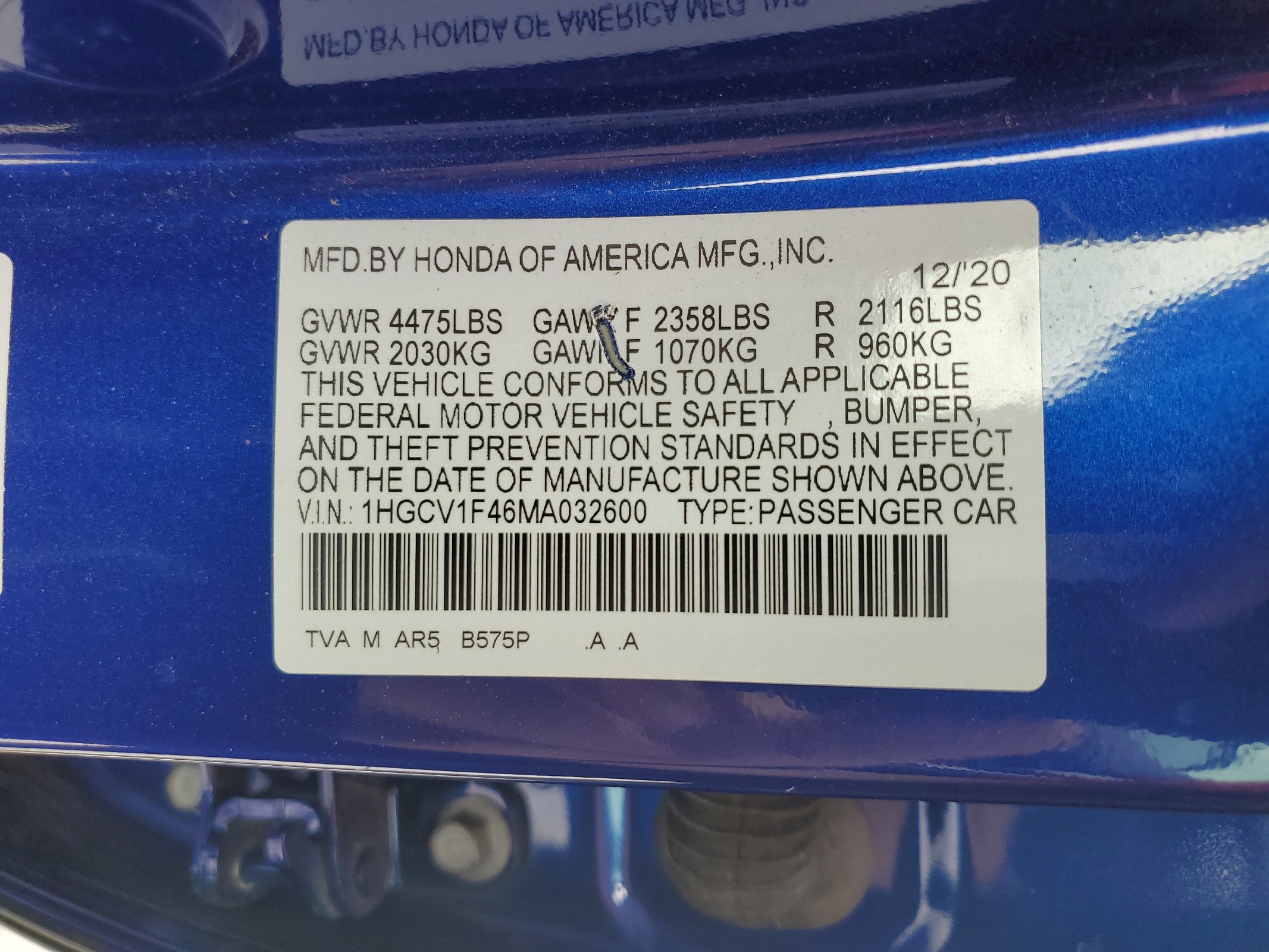 1HGCV1F46MA032600 2021 Honda Accord Sport Se