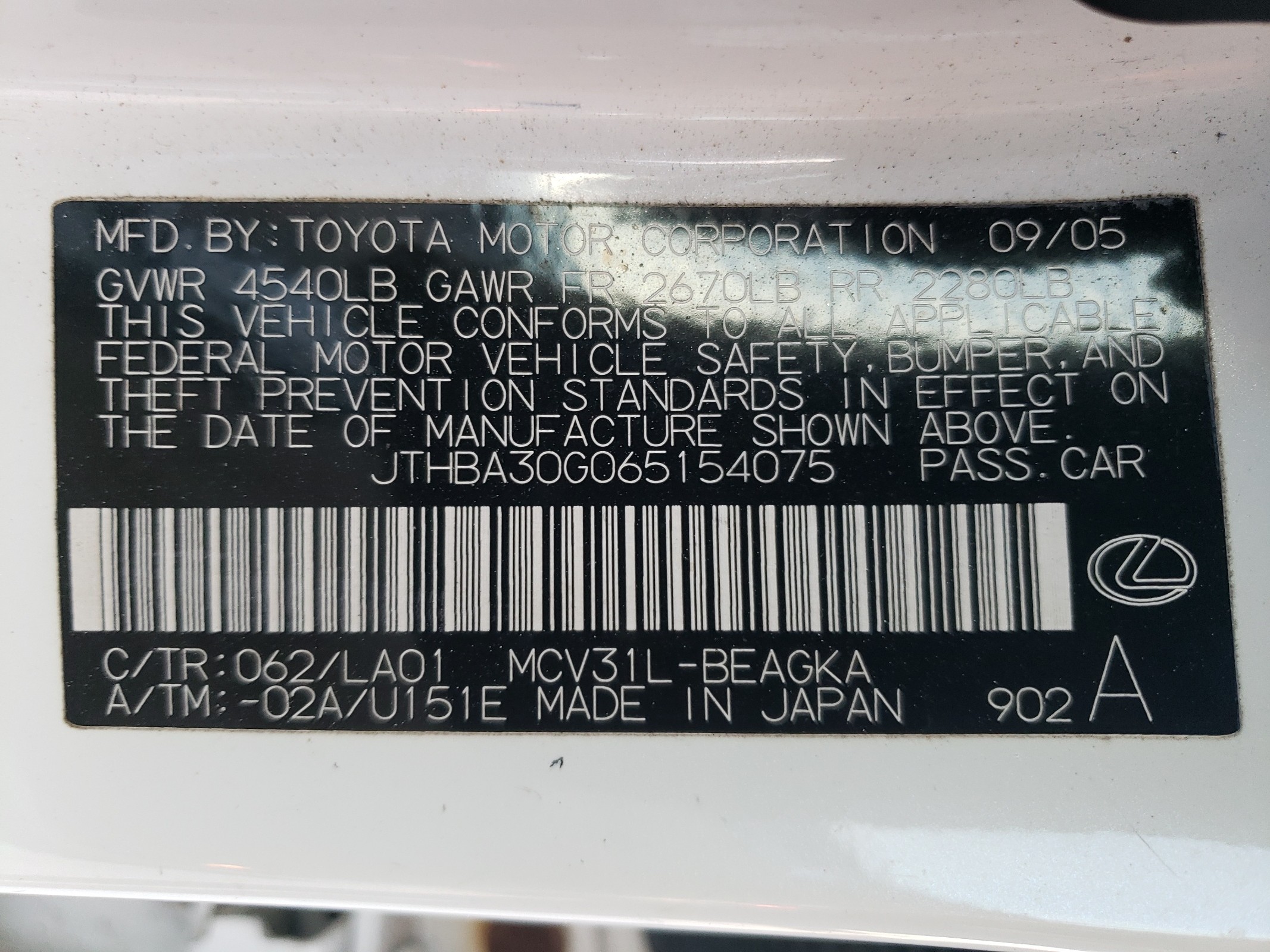 JTHBA30G065154075 2006 Lexus Es 330