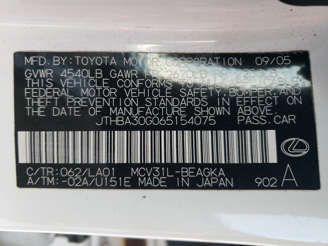 2006 Lexus Es 330 VIN: JTHBA30G065154075 Lot: 64441394