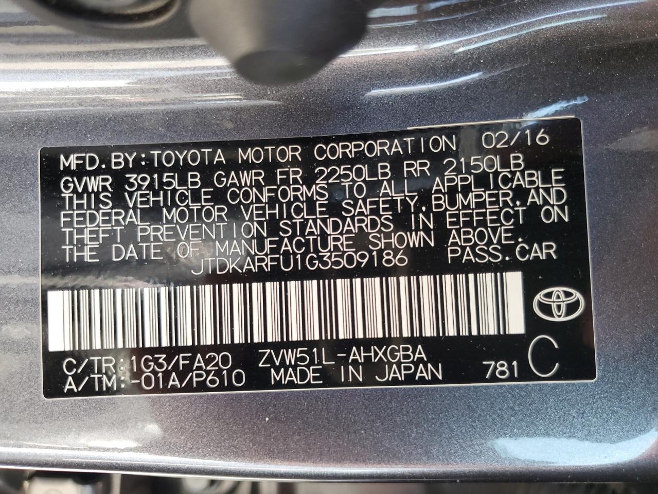2016 Toyota Prius VIN: JTDKARFU1G3509186 Lot: 62002644