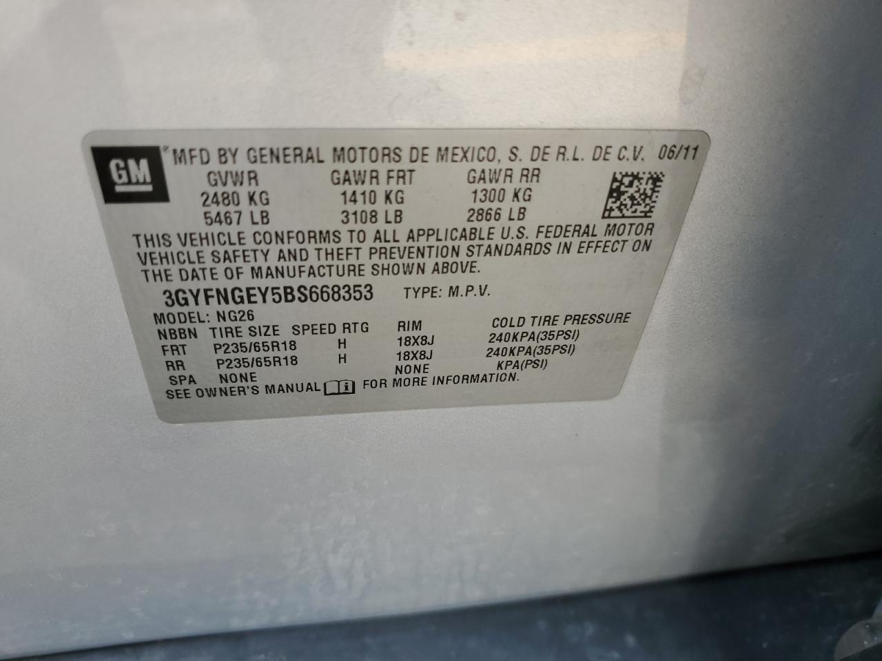 2011 Cadillac Srx VIN: 3GYFNGEY5BS668353 Lot: 63891034