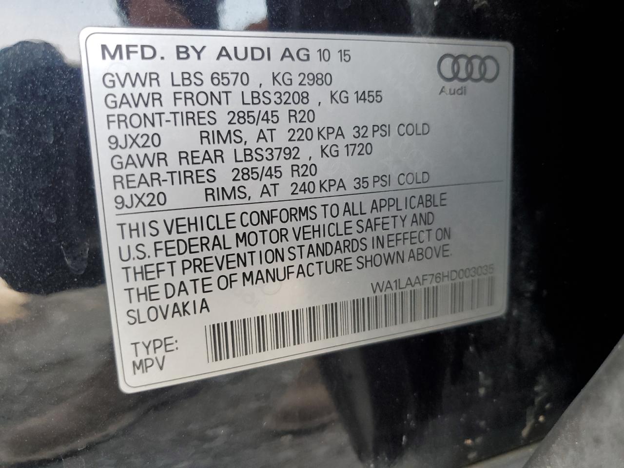 2017 Audi Q7 Premium Plus VIN: WA1LAAF76HD003035 Lot: 64853064
