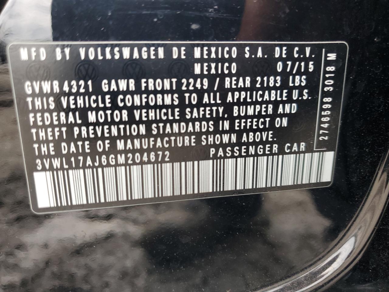 2016 Volkswagen Jetta Sel VIN: 3VWL17AJ6GM204672 Lot: 64820994