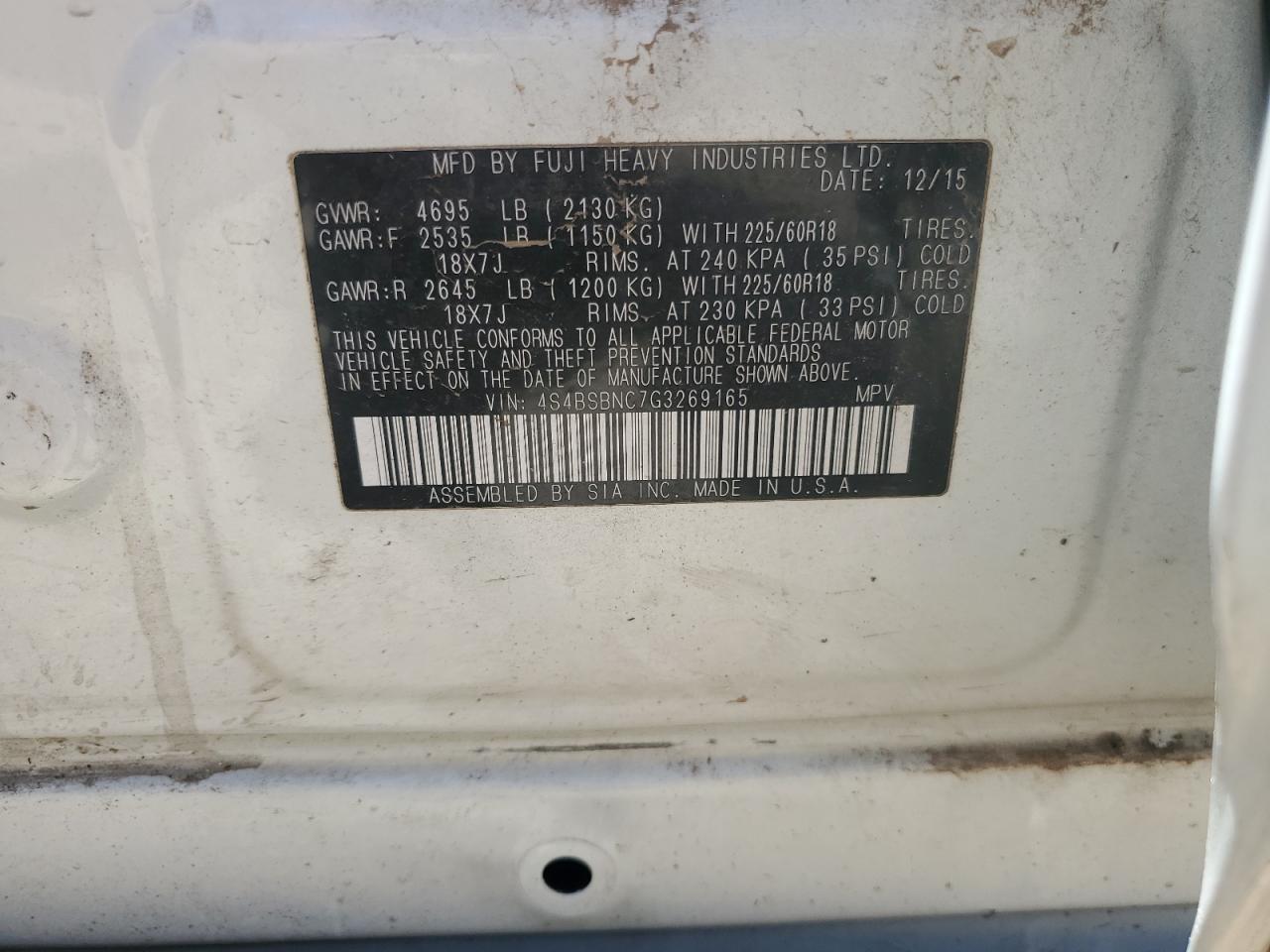 2016 Subaru Outback 2.5I Limited VIN: 4S4BSBNC7G3269165 Lot: 62456884