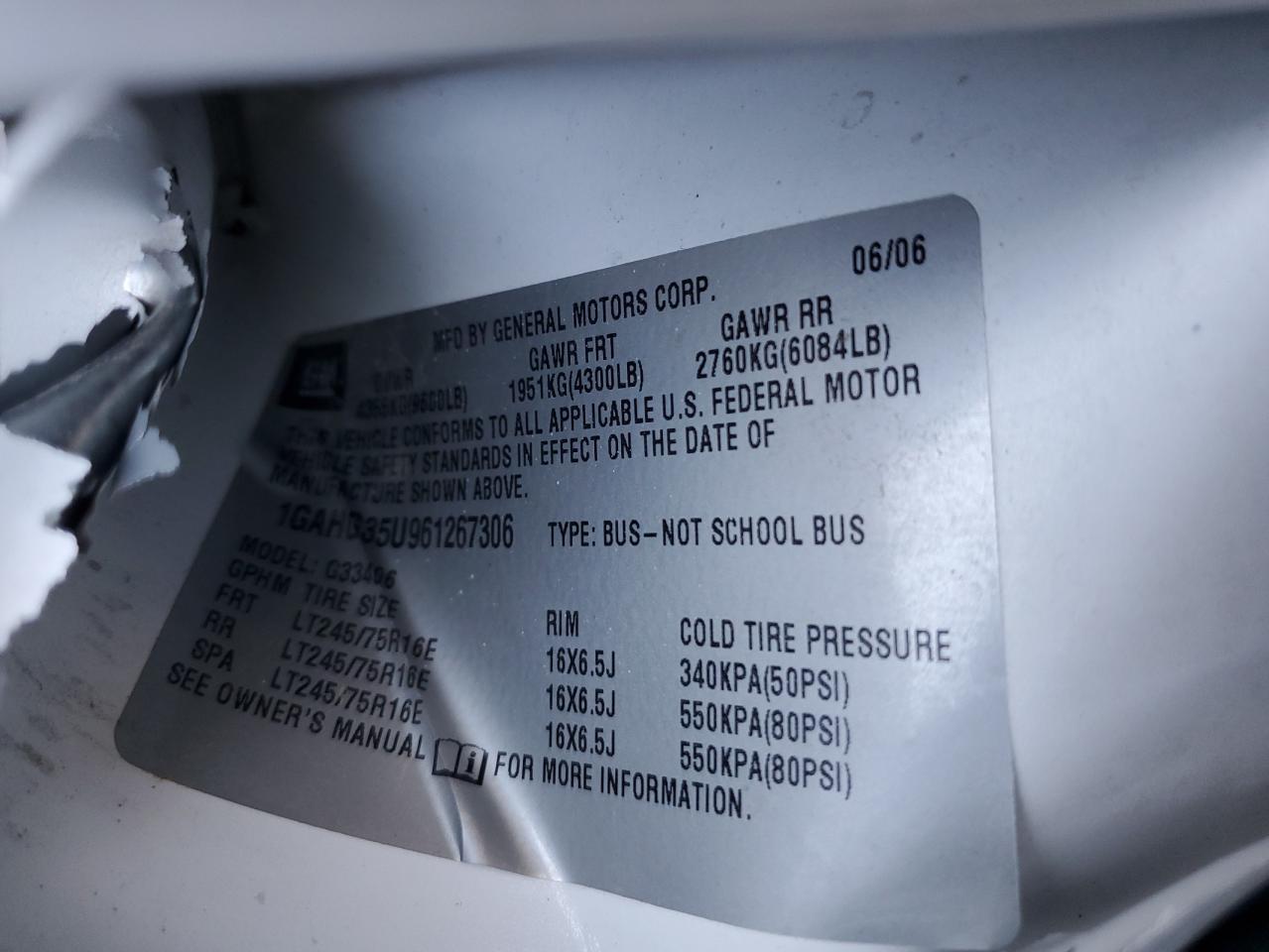 2006 Chevrolet Express G3500 VIN: 1GAHG35U961267306 Lot: 62836154