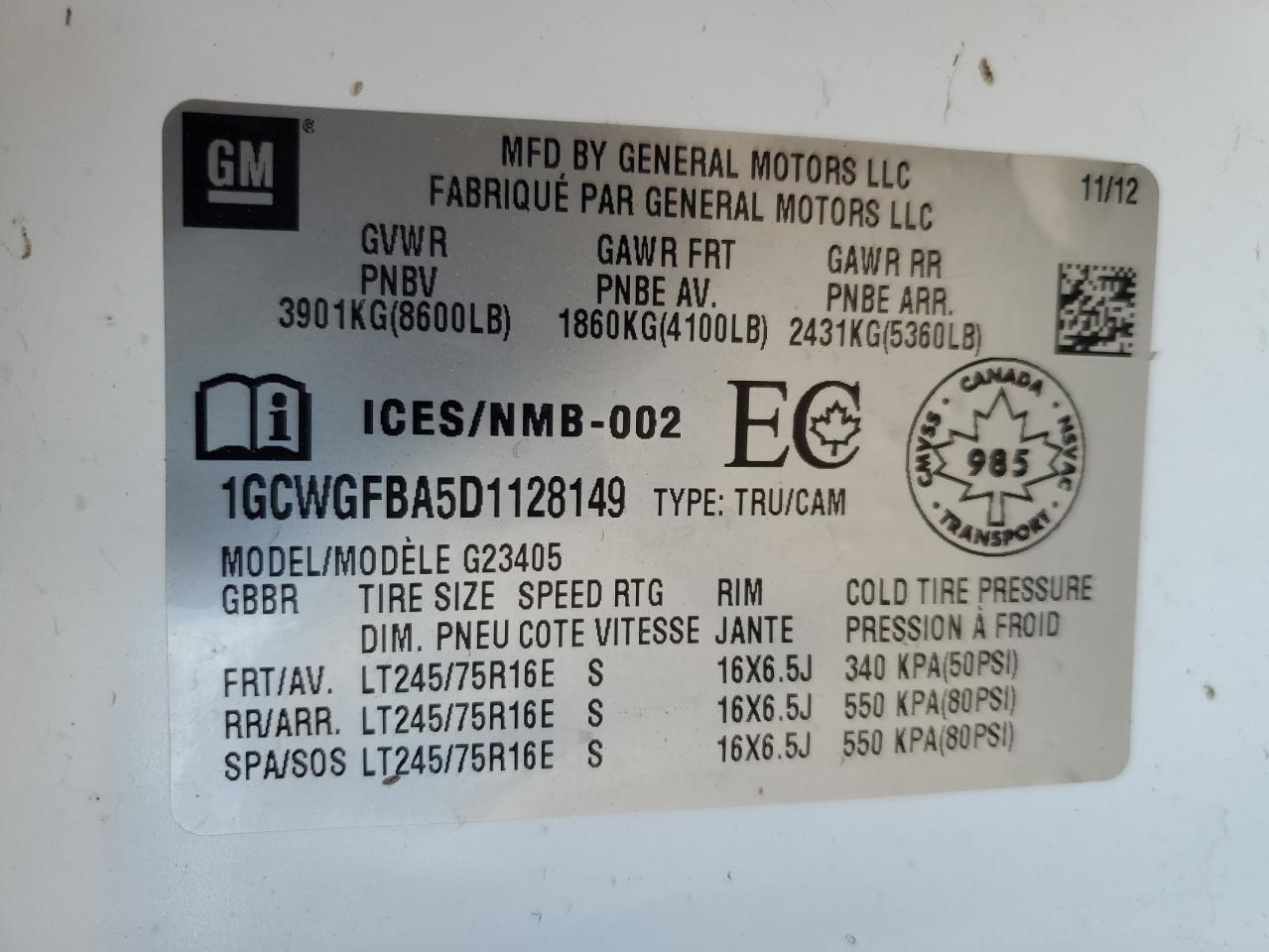 2013 Chevrolet Express G2500 VIN: 1GCWGFBA5D1128149 Lot: 62798794