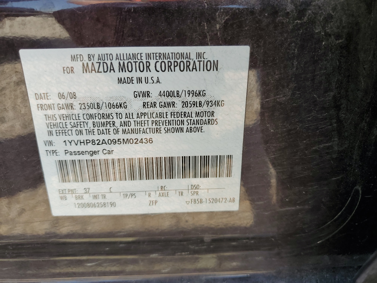 1YVHP82A095M02436 2009 Mazda 6 I