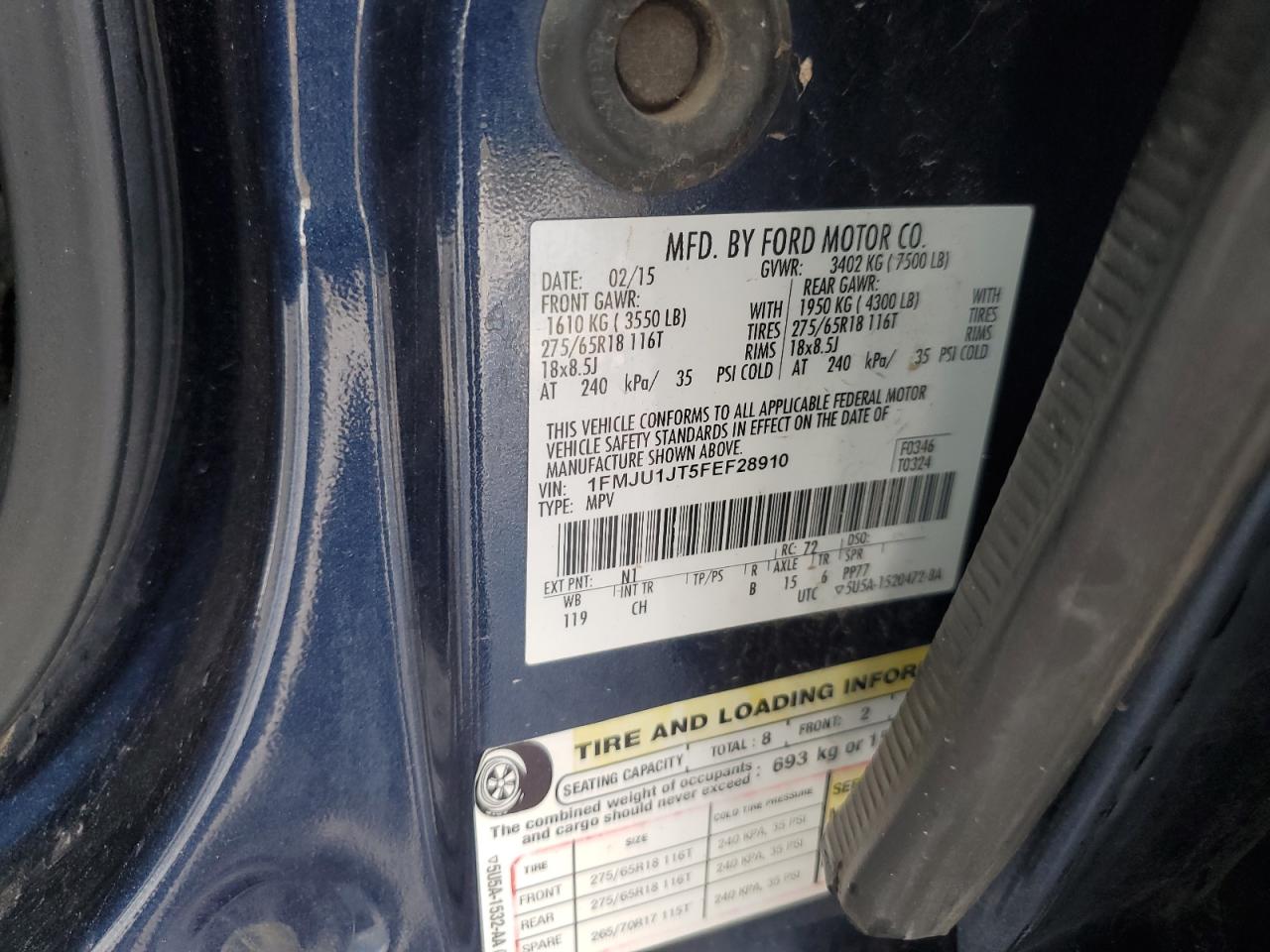 2015 Ford Expedition Xlt VIN: 1FMJU1JT5FEF28910 Lot: 65060064