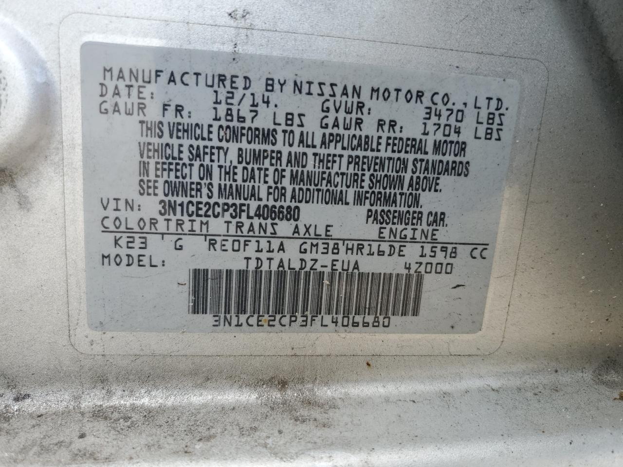 3N1CE2CP3FL406680 2015 Nissan Versa Note S