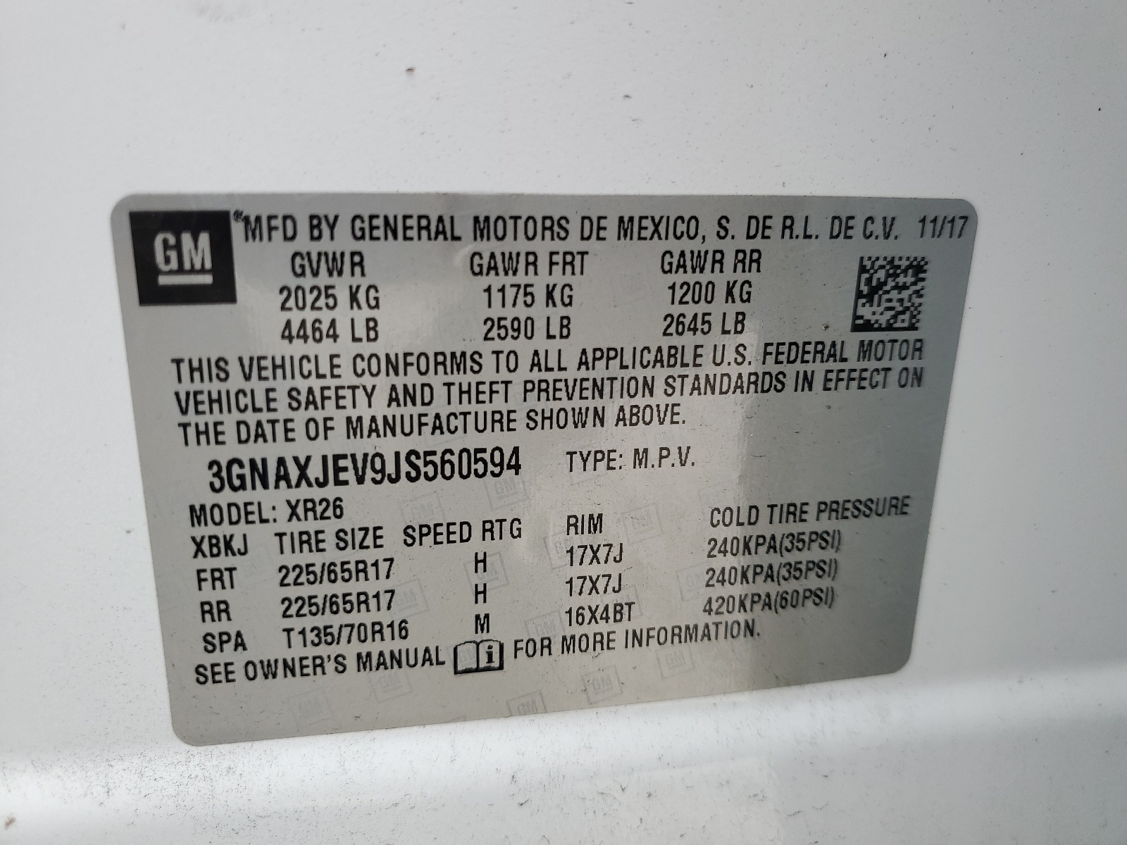 3GNAXJEV9JS560594 2018 Chevrolet Equinox Lt
