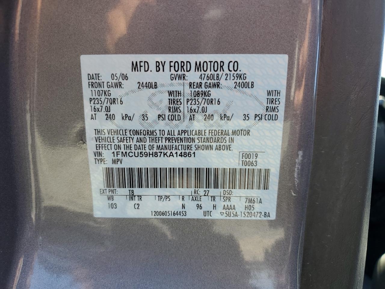 2007 Ford Escape Hev VIN: 1FMCU59H87KA14861 Lot: 58911104