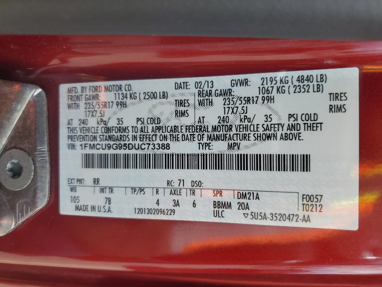 2013 Ford Escape Se VIN: 1FMCU9G95DUC73388 Lot: 65236334