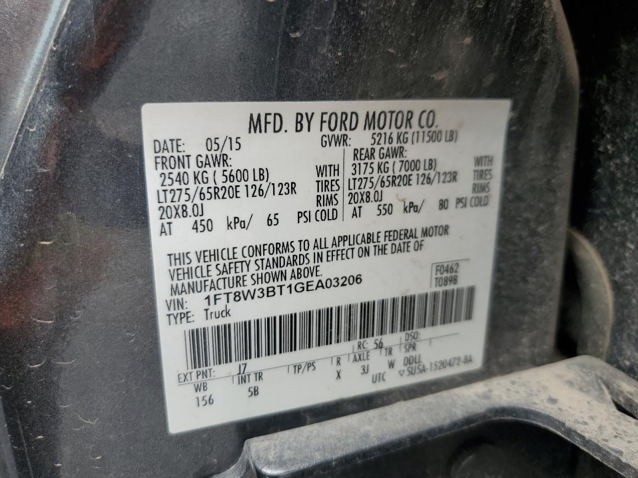 2016 Ford F350 Super Duty VIN: 1FT8W3BT1GEA03206 Lot: 64315384