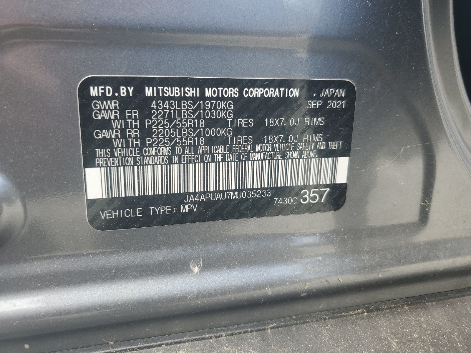 JA4APUAU7MU035233 2021 Mitsubishi Outlander Sport Es