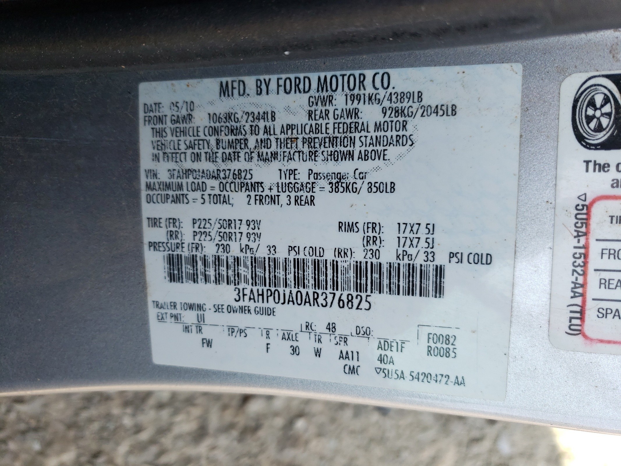 3FAHP0JA0AR376825 2010 Ford Fusion Sel