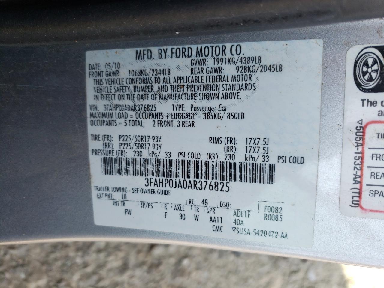 2010 Ford Fusion Sel VIN: 3FAHP0JA0AR376825 Lot: 63954174