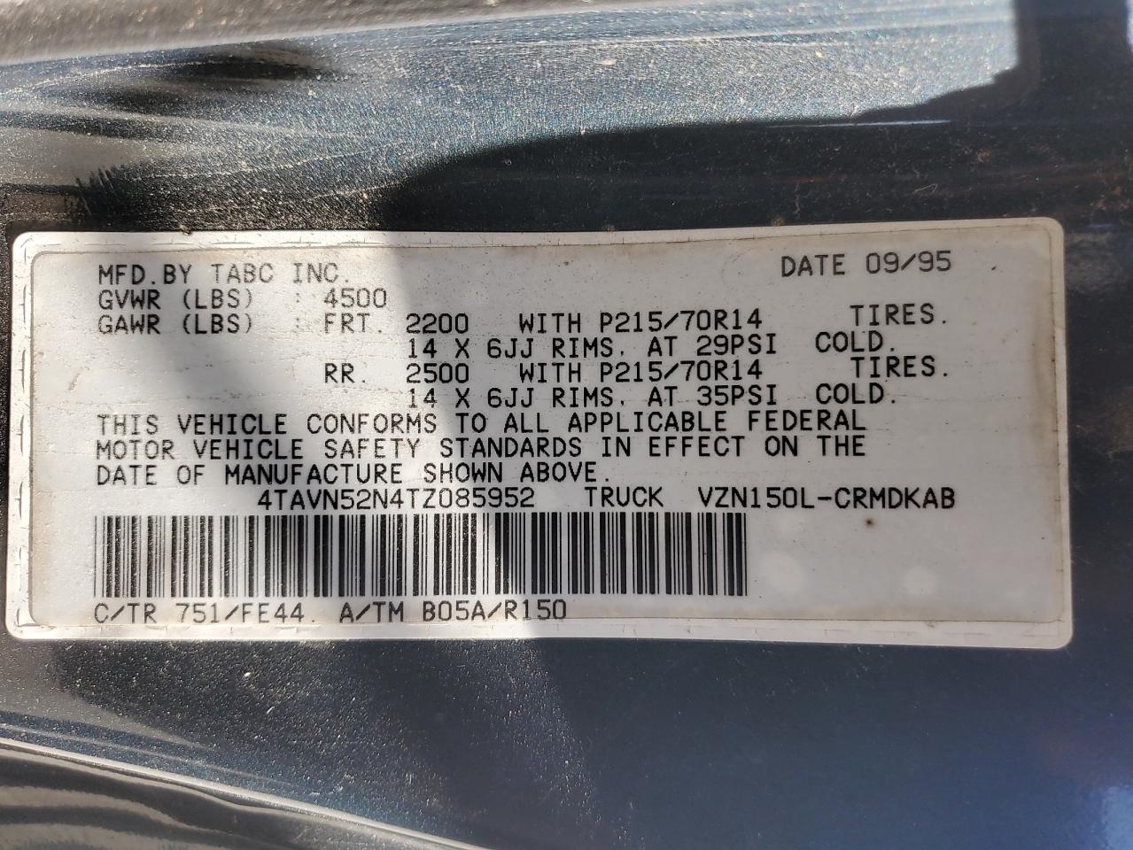 1996 Toyota Tacoma Xtracab VIN: 4TAVN52N4TZ085952 Lot: 63882654