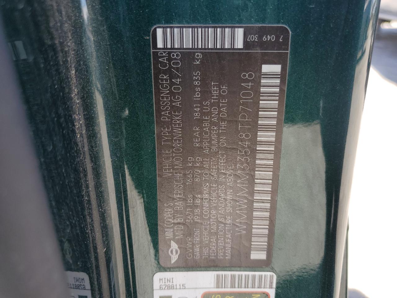 2008 Mini Cooper S Clubman VIN: WMWMM33548TP71048 Lot: 62055484