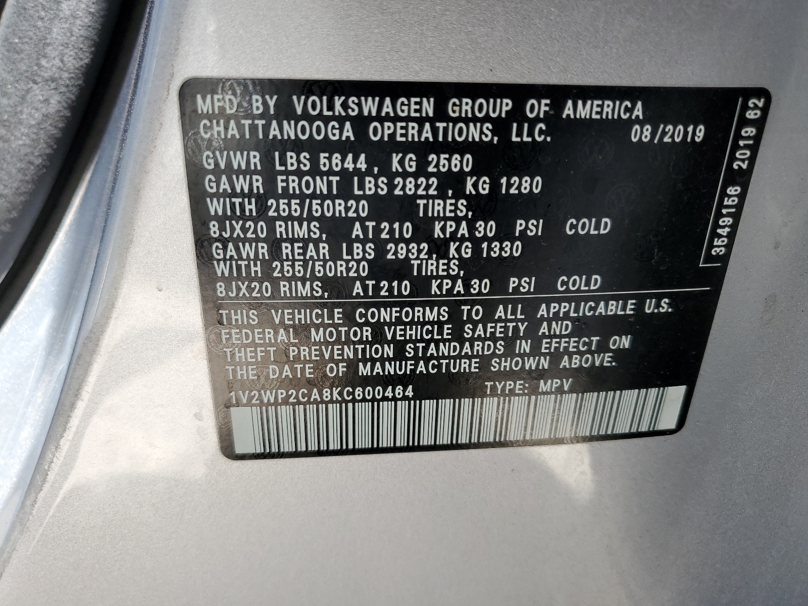 1V2WP2CA8KC600464 2019 Volkswagen Atlas Se